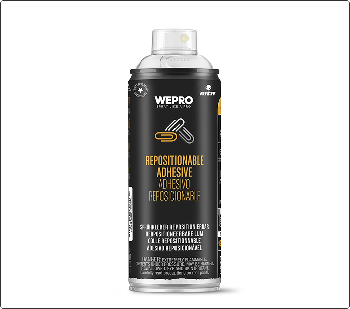 Spray adhesivo reposicionable MTN Pro, bote negro con icono de clip