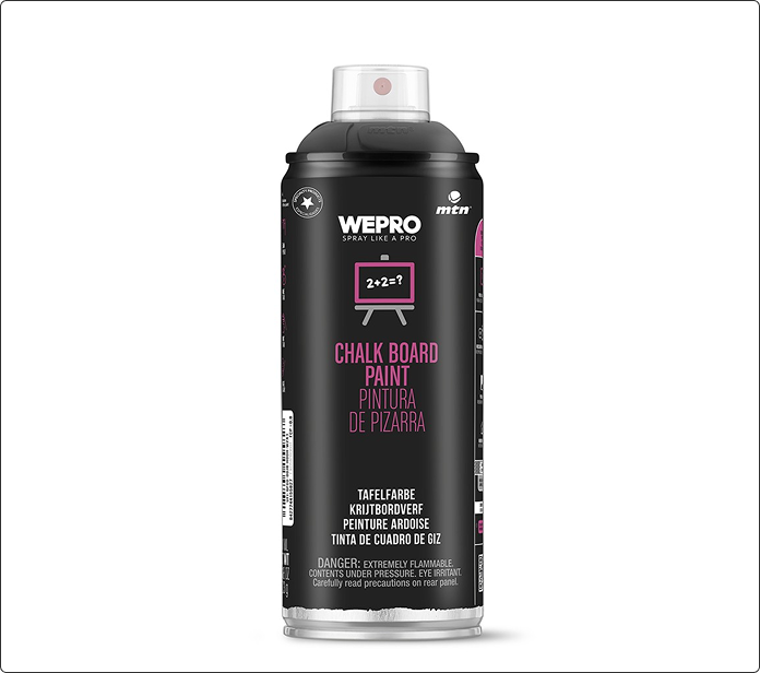Spray de pintura de pizarra MTN Pro, bote negro con tapa rosa e icono de pizarra
