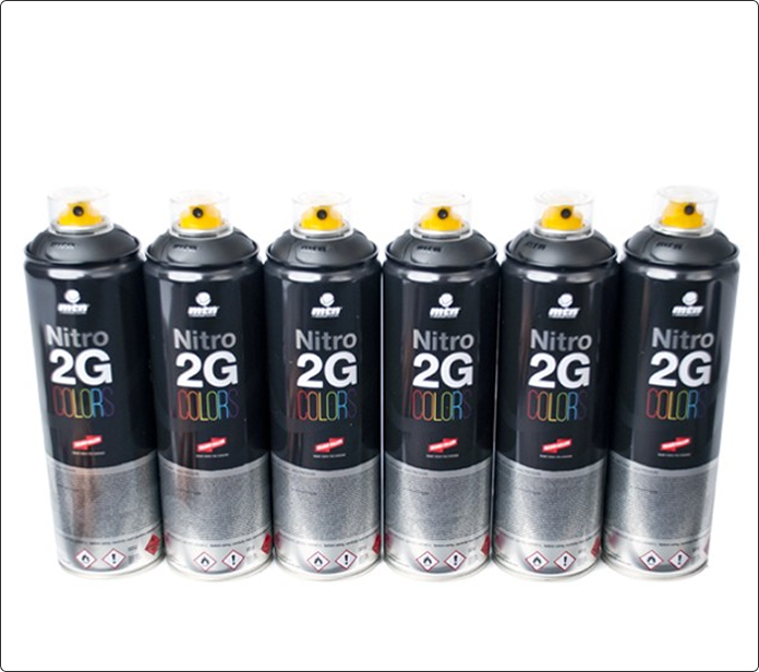 Pack de 6 latas de spray MTN Nitro 2G en negro con tapa amarilla