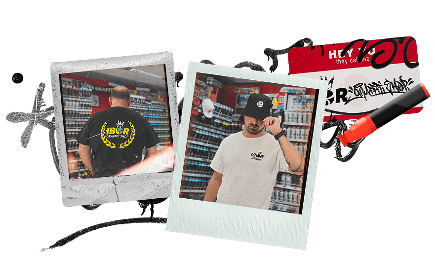 Collage de fotos: dos personas en el interior de la tienda con camiseta IBOR, etiqueta roja "Hey yo" y rotulador naranja, con trazos de grafiti