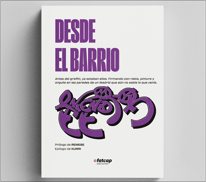 Libro Desde el barrio con portada blanca y graffiti morado