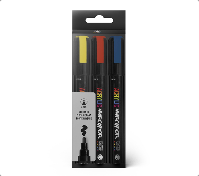 Pack de tres marcadores acrílicos MTN de 2 mm en amarillo, rojo y azul