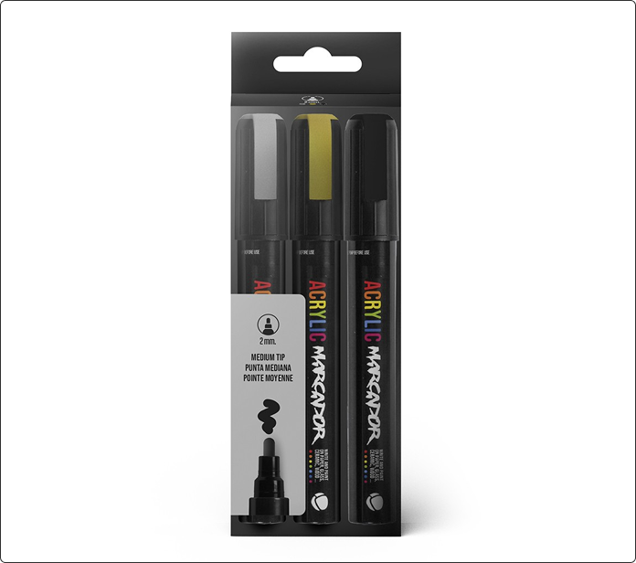Pack de tres marcadores acrílicos MTN en blanco, dorado y negro