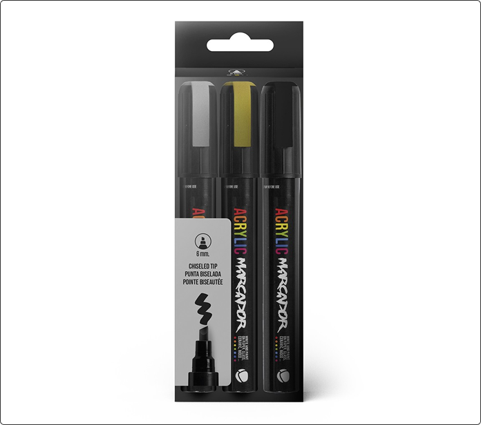 Pack de tres marcadores acrílicos MTN de 6 mm en blanco, dorado y negro