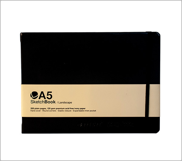 Cuaderno de dibujo A5 horizontal negro con cierre elástico