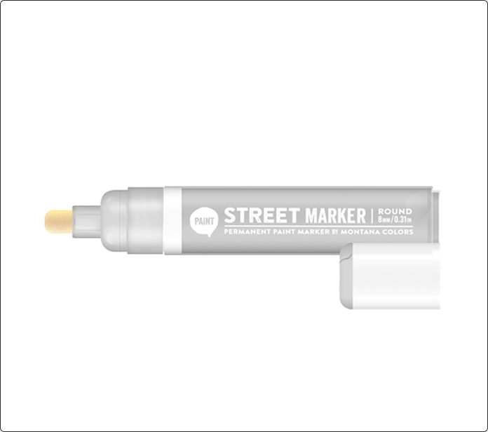 Rotulador de pintura permanente MTN Street Paint Marker 10mm, cuerpo gris y blanco con punta redonda
