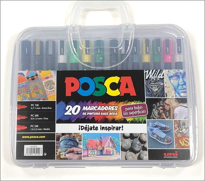 Maleta transparente Posca con 20 marcadores de colores variados