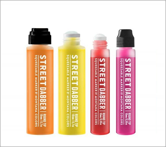 Cuatro marcadores Street Dabber de dos tamaños en naranja, amarillo, rojo y rosa