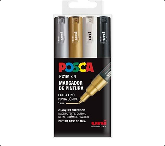 Pack de cuatro marcadores Posca PC-1M en plateado, dorado, blanco y negro