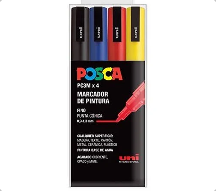 Pack de cuatro marcadores Posca PC-3M en negro, azul, rojo y amarillo