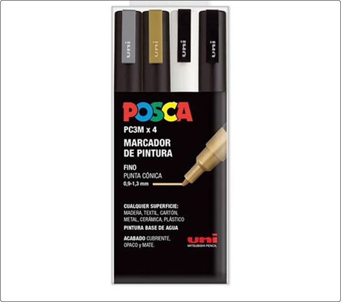 Pack de cuatro marcadores Posca PC-3M en plateado, dorado, blanco y negro