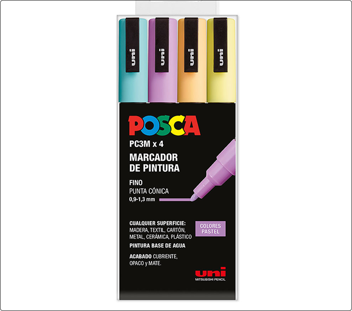 Pack de cuatro marcadores Posca PC-3M en tonos turquesa, violeta, naranja y amarillo pastel