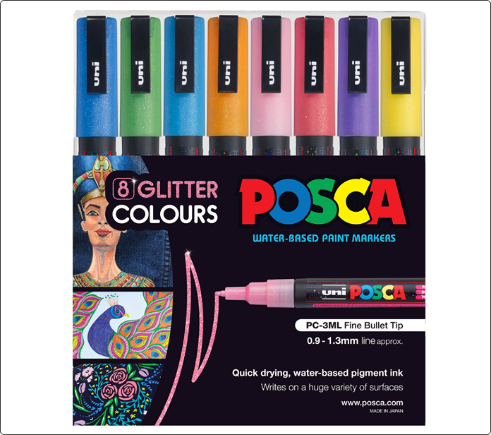 Pack de ocho marcadores Posca PC-3M con purpurina en colores variados