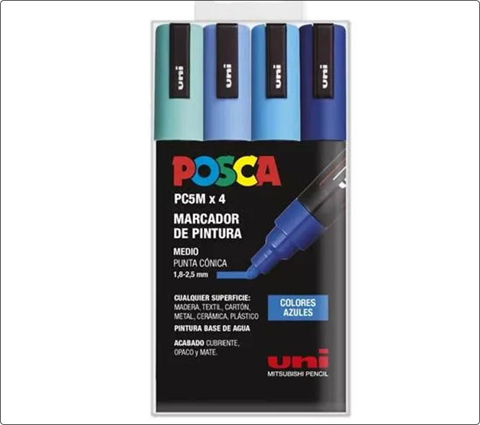 Pack de cuatro marcadores Posca PC-5M en distintos tonos azules