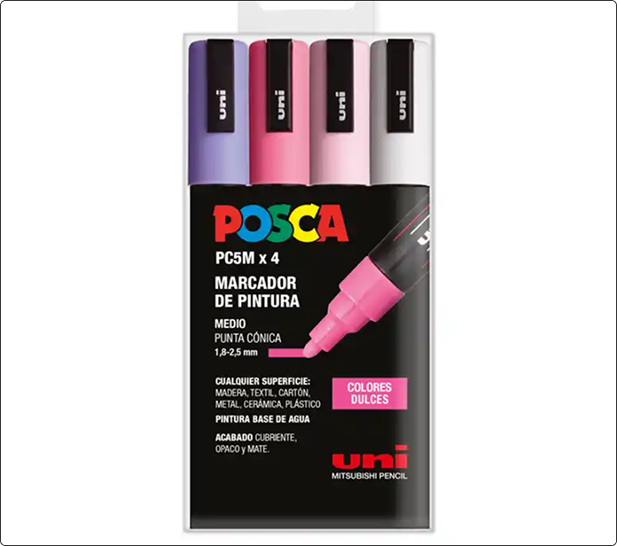 Pack de cuatro marcadores Posca PC-5M en violeta, rosa, rosa claro y blanco