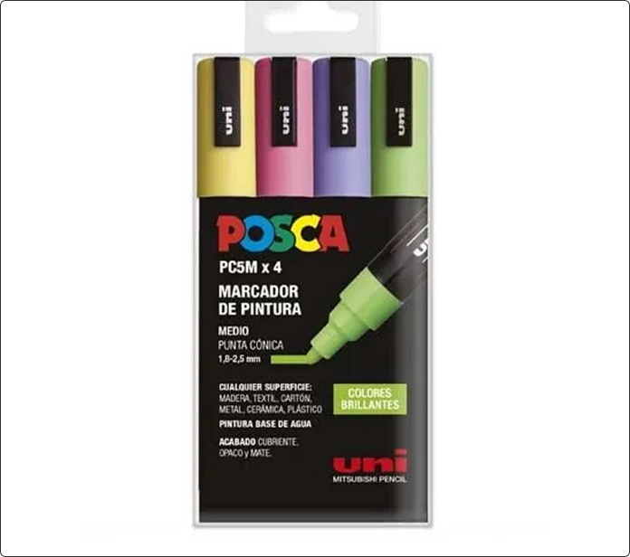 Pack de cuatro marcadores Posca PC-5M en amarillo, rosa, violeta y verde