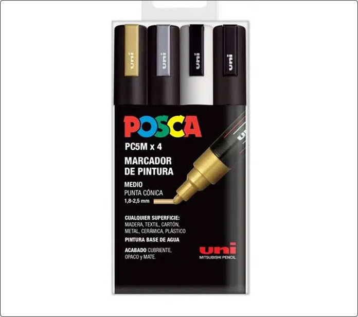 Pack de cuatro marcadores Posca PC-5M en dorado, plateado, blanco y negro