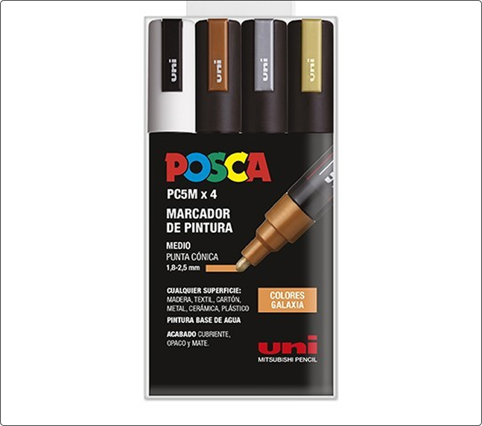 Pack de cuatro marcadores Posca PC-5M en blanco, cobre, plateado y dorado