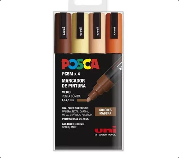 Pack de cuatro marcadores Posca PC-5M en tonos marrón, beige y naranja