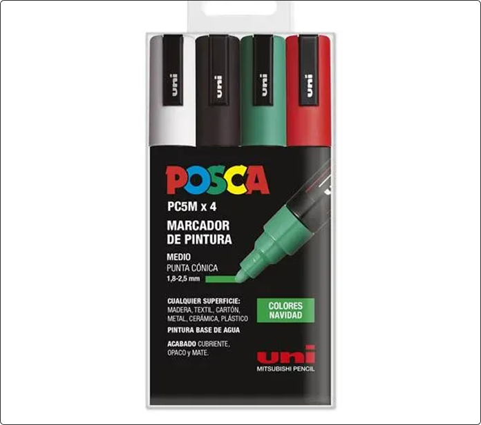Pack de cuatro marcadores Posca PC-5M en blanco, negro, verde y rojo