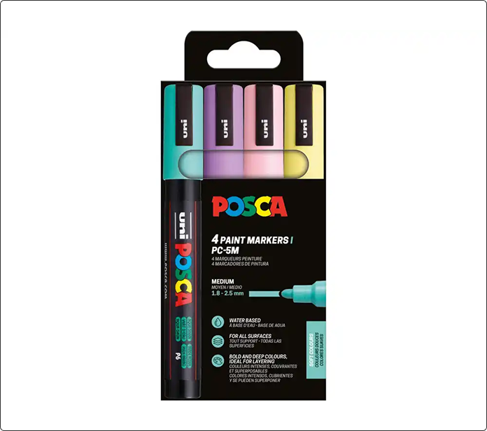 Pack de cuatro marcadores Posca PC-5M en turquesa, violeta, rosa y amarillo pastel