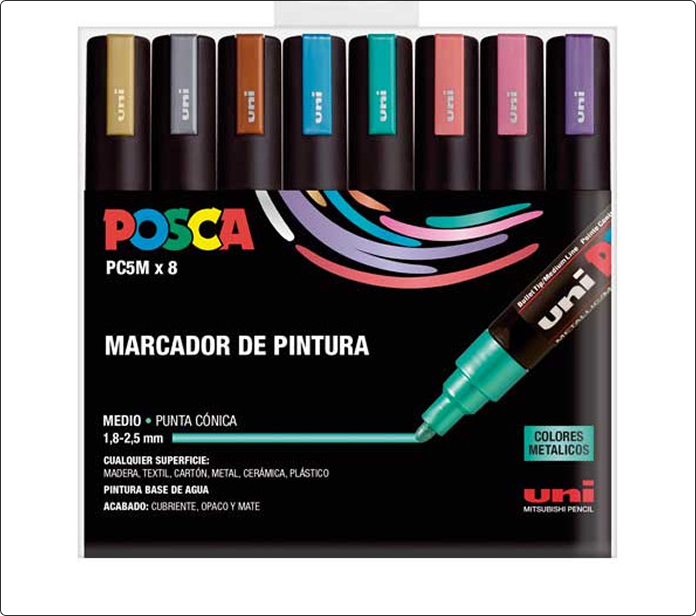 Pack de ocho marcadores Posca PC-5M en colores metálicos variados