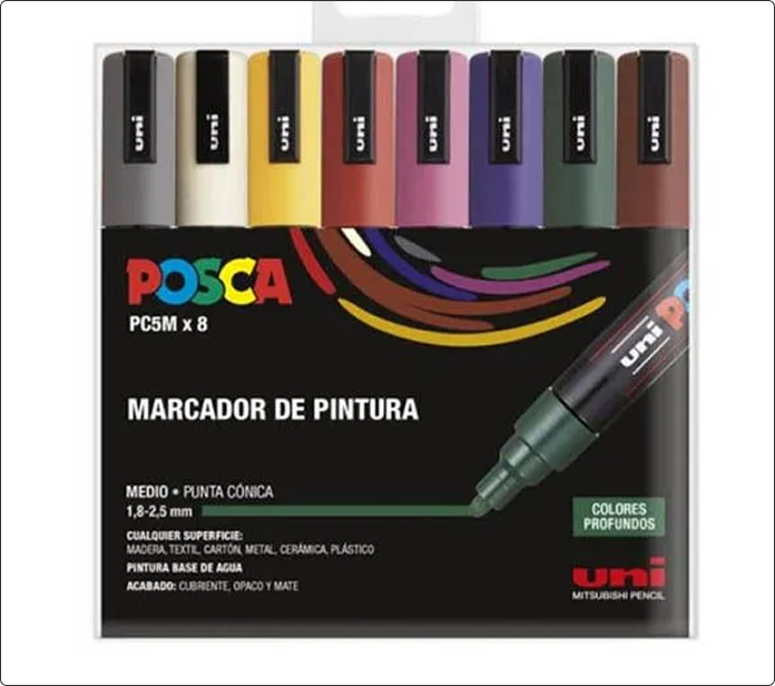 Pack de ocho marcadores Posca PC-5M en tonos oscuros y tierra