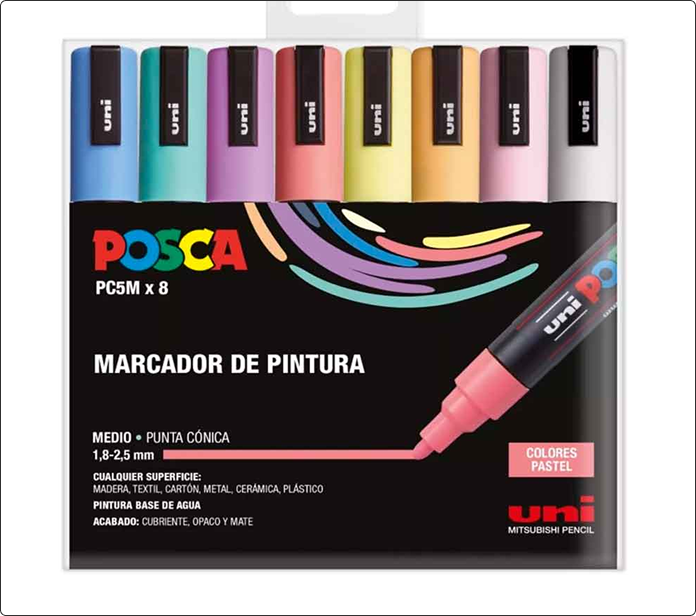 Pack de ocho marcadores Posca PC-5M en colores pastel variados