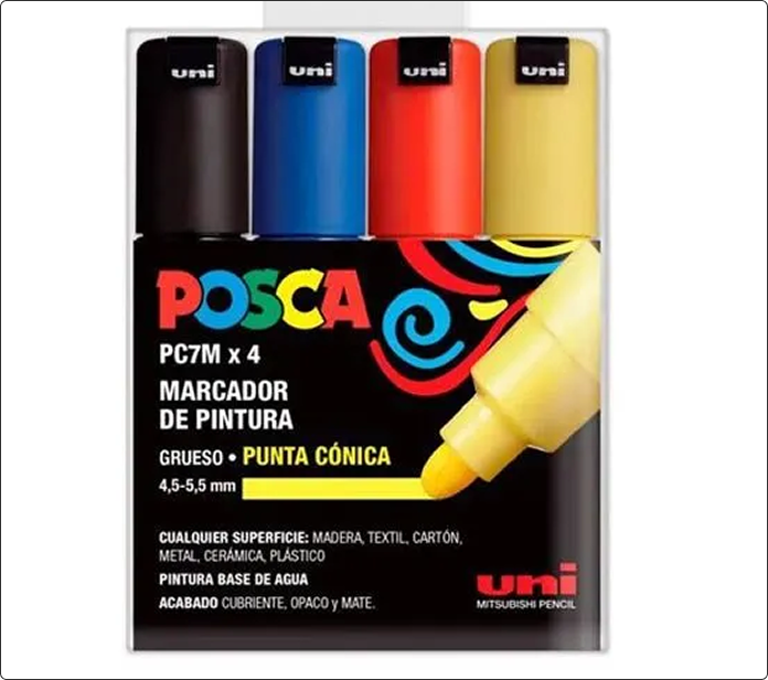 Pack de cuatro marcadores Posca PC-7M en negro, azul, rojo y amarillo