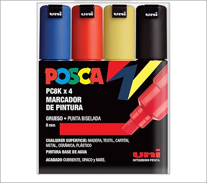 Pack de cuatro marcadores Posca PC-8K en azul, rojo, amarillo y negro