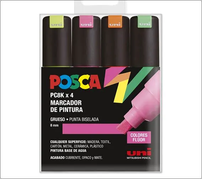 Pack de cuatro marcadores Posca PC-8K en colores fluorescentes
