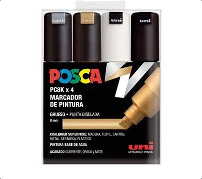 Pack de cuatro marcadores Posca PC-8K en plata, oro, blanco y negro