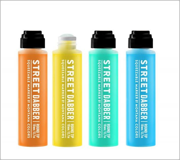Cuatro marcadores Street Dabber en naranja, amarillo, turquesa y azul