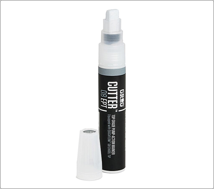 Rotulador Grog Cutter 08 vacío, en negro con cabezal bomba blanco desenroscado