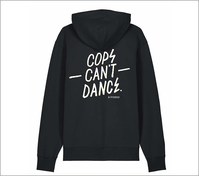 Espalda de sudadera negra con capucha y diseño Cops Can’t Dance