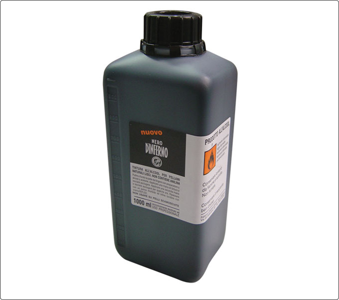 Botella oscura de tinta Inferno 1L con tapón negro y etiqueta "Nero d'Inferno"