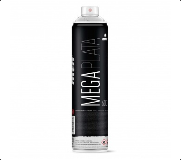 Aerosol negro MTN Mega Plata 600 ml sobre fondo blanco
