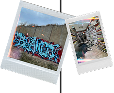 Dos fotografías instantáneas de murales con graffiti.