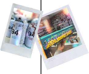Dos fotografías instantáneas de aerosoles y productos de graffiti.