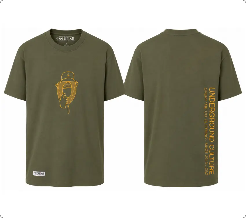 Camiseta verde militar con ilustración dorada de Overtime Co.