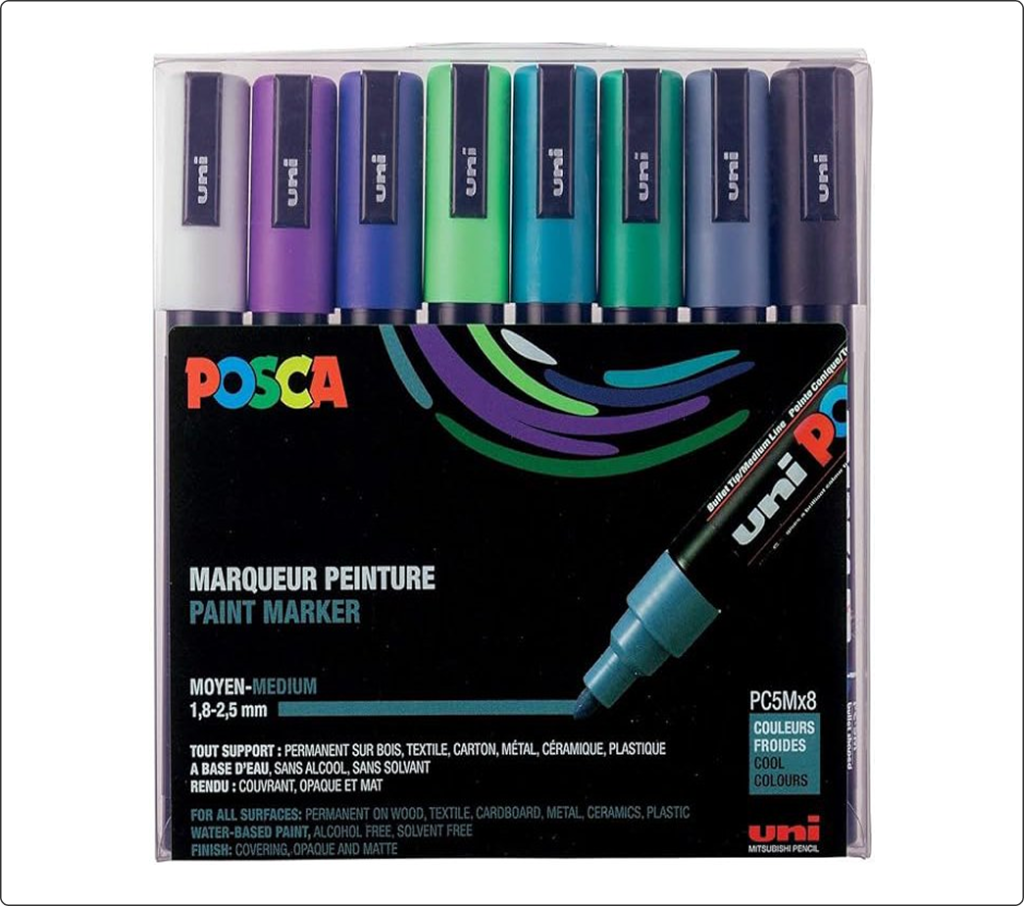 Estuche de ocho rotuladores Posca PC-5M en colores fríos.