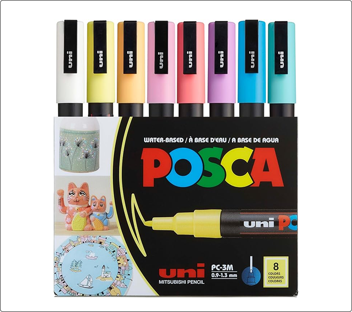 Pack de ocho rotuladores Posca PC-3M en colores suaves.