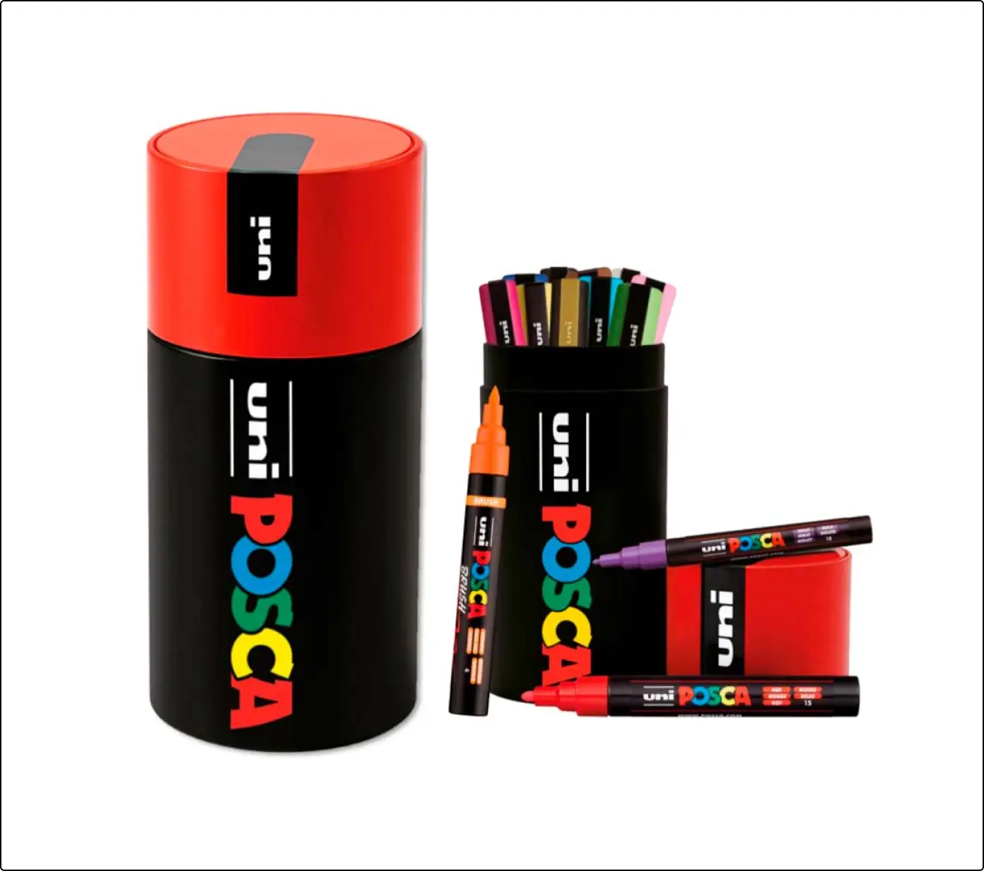Estuche metálico rojo y negro Uni Posca con rotuladores de colores variados en su interior