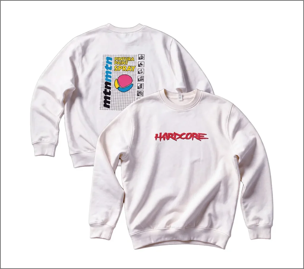Sudadera MTN Hardcore 30 Aniversario blanca, delantera con logo Hardcore rojo y espalda con diseño del bote clásico