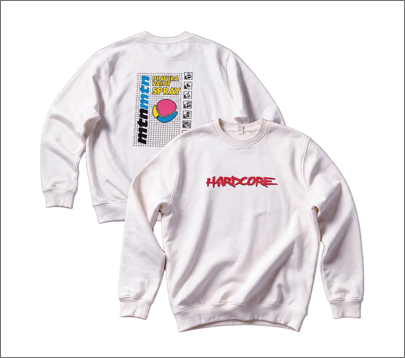 Sudadera MTN Hardcore 30 Aniversario blanca, delantera con logo Hardcore rojo y espalda con diseño del bote clásico